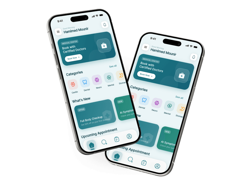 MeaDoc app interface mockup on iPhone 15 Pro